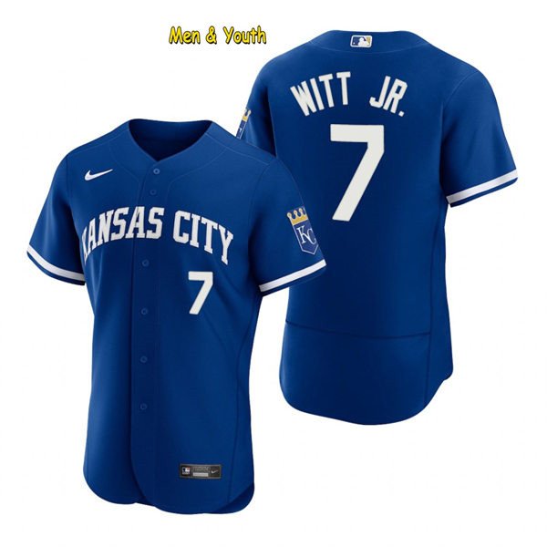men's & youth Baseball Team Uniform #7 Bobby Witt Jr. Jerseys Royal Alternate FlexBase League Shirts