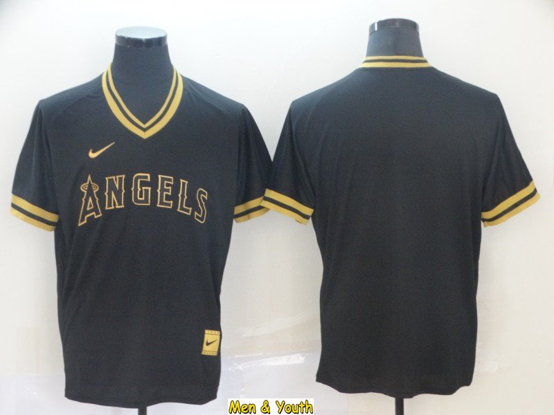 men's & youth Baseball Uniform Los Angeles Angels Blank Jerseys Black Gold Cooperstown V Neck Shirts