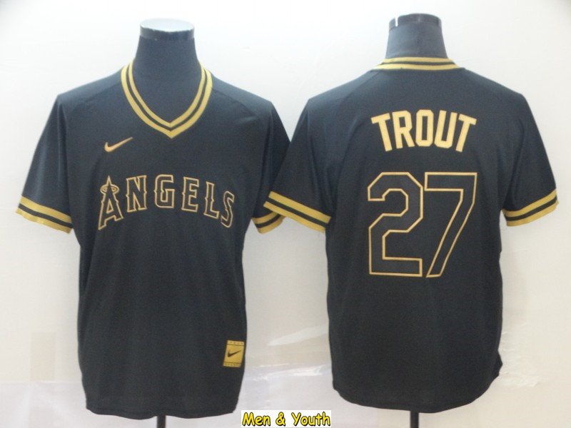 men's & youth Baseball Team Uniform #27 Mike Trout Jerseys Black Gold Cooperstown V Neck Shirts