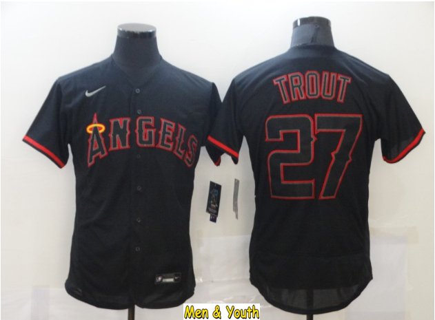 men's & youth Baseball Team Uniform #27 Mike Trout Jerseys Black FlexBase League Shirts