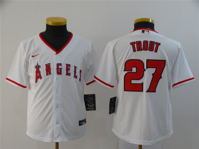 Youth Baseball Team Uniform #27 Mike Trout Jerseys White Home CoolBase League kids Shirts