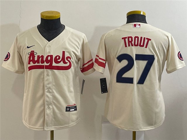 Youth Baseball Team Uniform #27 Mike Trout Jerseys Cream City Connect CoolBase League kids Shirts