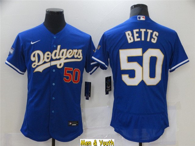 men's & youth Baseball Team Uniform #50 Mookie Betts Jerseys Blue 2021 Gold Program FlexBase Shirts