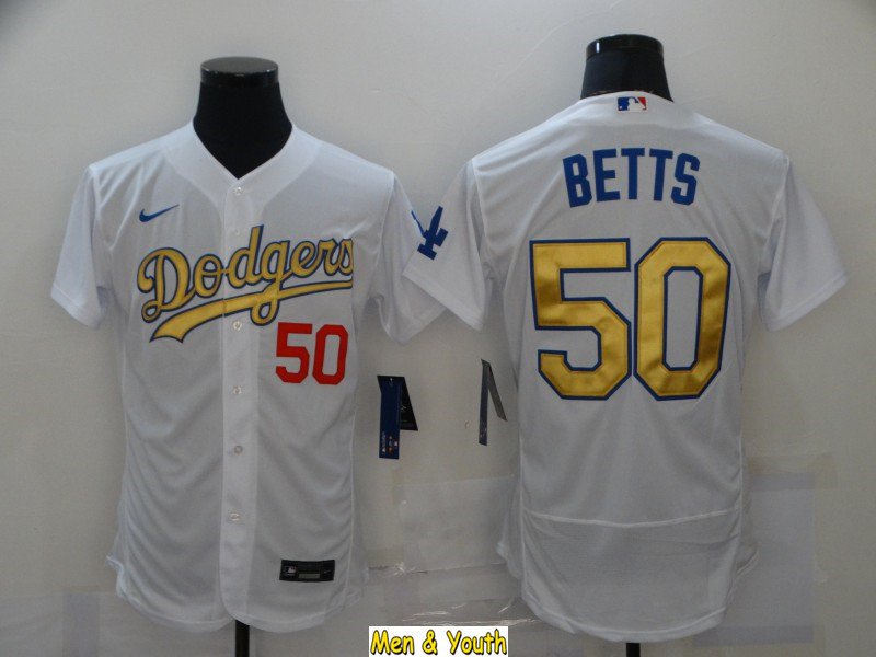 men's & youth Baseball Team Uniform #50 Mookie Betts Jerseys White Gold FlexBase League Shirts