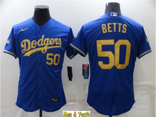 men's & youth Baseball Team Uniform #50 Mookie Betts Jerseys Royal Gold FlexBase League Shirts