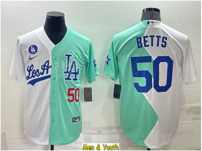 men's & youth Baseball Team Uniform #50 Mookie Betts Jerseys 2022 All-Star White/Green Split Shirts