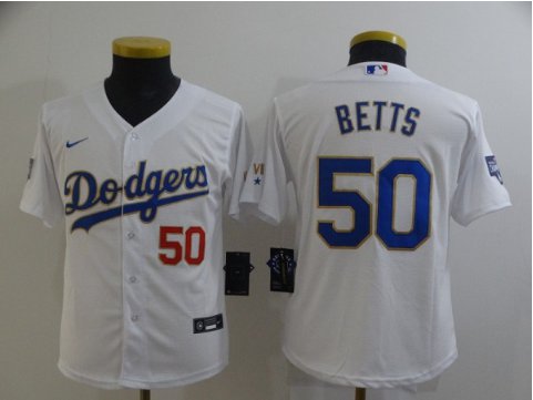 Youth Baseball Team Uniform #50 Mookie Betts Jerseys White 2021 Gold Program CoolBase kids Shirts