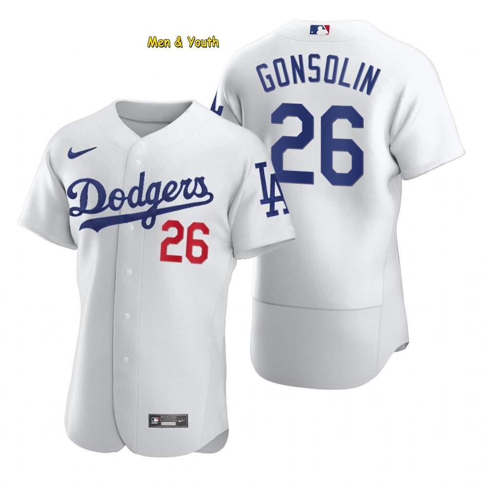 men's & youth Baseball Team Uniform #26 Tony Gonsolin Jerseys White Home FlexBase League Shirts