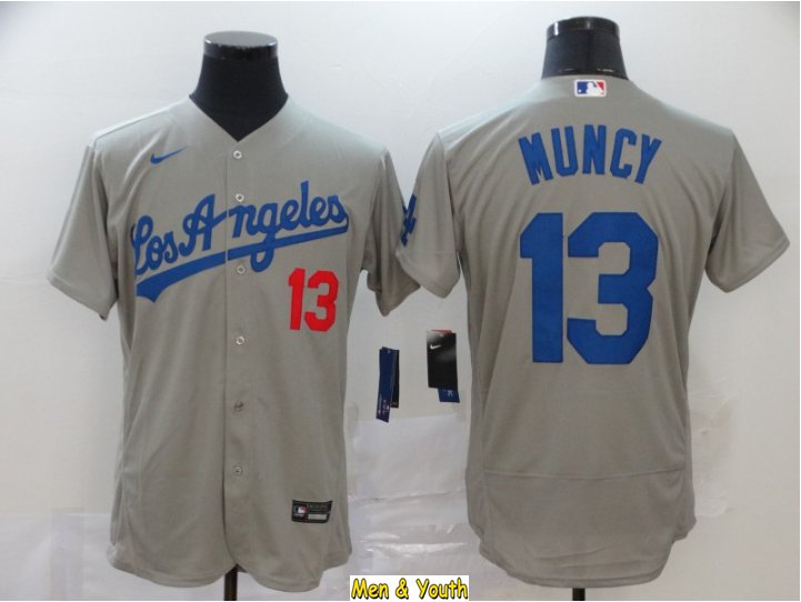 men's & youth Baseball Team Uniform #13 Max Muncy Jerseys Gray Road FlexBase League Shirts