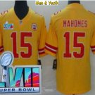 men's & youth Football Team Uniform #15 Patrick Mahomes Jersey Yellow Super Bowl LVII Game Shirts