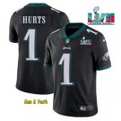 men's & youth Football Team Uniform #1 Jalen Hurts Jerseys Black 2023 Super Bowl LVII Game Shirts