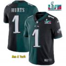 men's & youth Football Uniform #1 Jalen Hurts Jerseys Super Bowl LVII Game Black/Green Split Shirts
