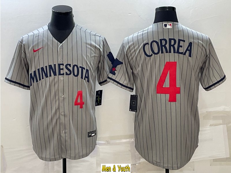 men's & youth Baseball Team Uniform #4 Carlos Correa Jerseys 2023 Gray  Pinstripe CoolBase Shirts