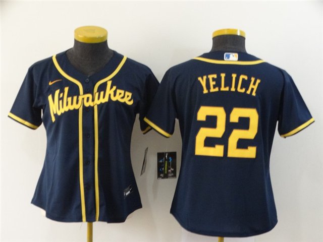 women's Baseball Team Uniform #22 Christian Yelich Jerseys Navy Alternate CoolBase Game ladys Shirts