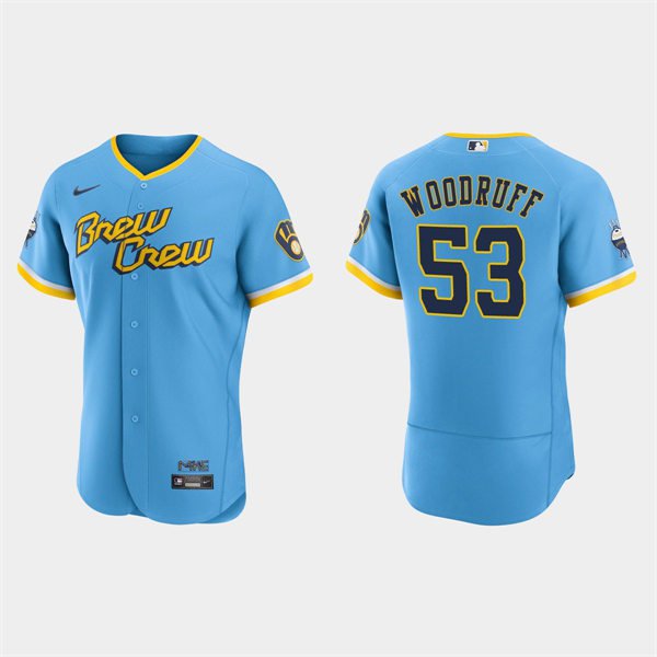 men's & youth Baseball Uniform #53 Brandon Woodruff Jerseys Blue 2022 City Connect FlexBase Shirts