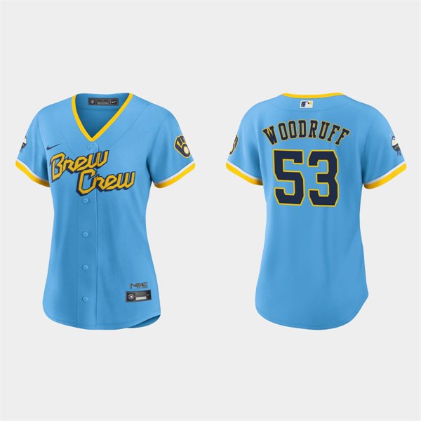 women's Baseball Uniform #53 Brandon Woodruff Jerseys Blue 2022 City Connect CoolBase ladys Shirts