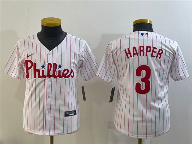 Youth Baseball Team Uniform #3 Bryce Harper Jerseys White Home CoolBase Game kids Shirts