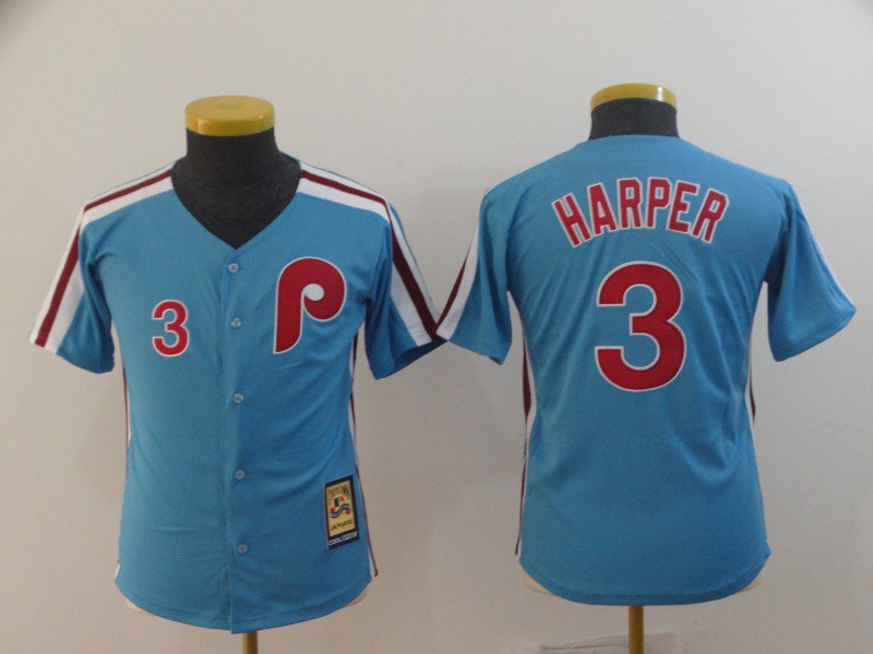 Youth Baseball Team Uniform #3 Bryce Harper Jerseys Blue Cooperstown Cool Player kids Shirts