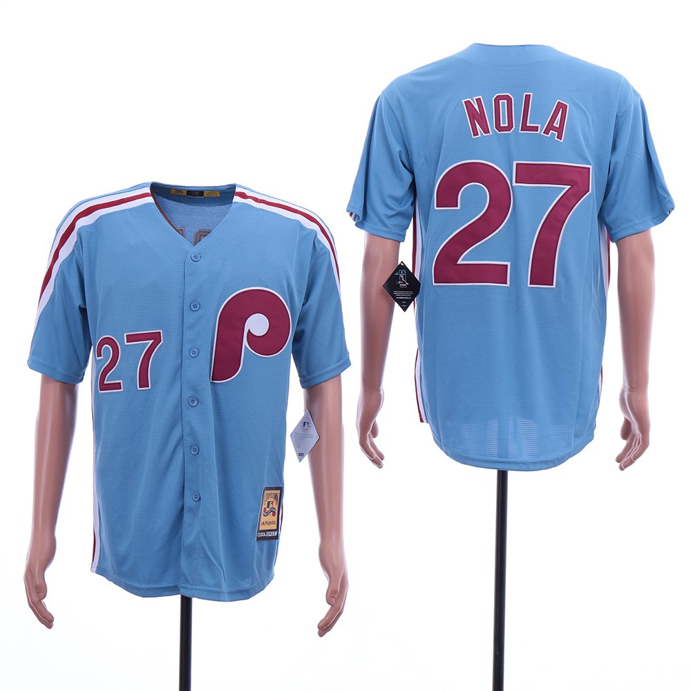 men's & youth Baseball Uniform #27 Aaron Nola Jerseys Blue Cooperstown CoolBase Player Shirts