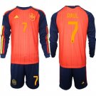 men's & kids Spain National Soccer Uniform Suit 7 RAUL Jersey Set Home Stadium 2026 Red Long Sleeve