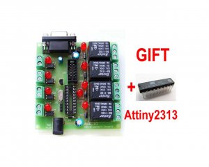 AVR-I/O IO DEVELOPMENT BOARD WITH 4 OPTOISOLATED INPUTS AND 4 RELAY OUTPUTS.