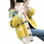 Yellow Women Jacquard Love Heart Cardigan Sweater Knitwear Cold Weather Winter Pockets