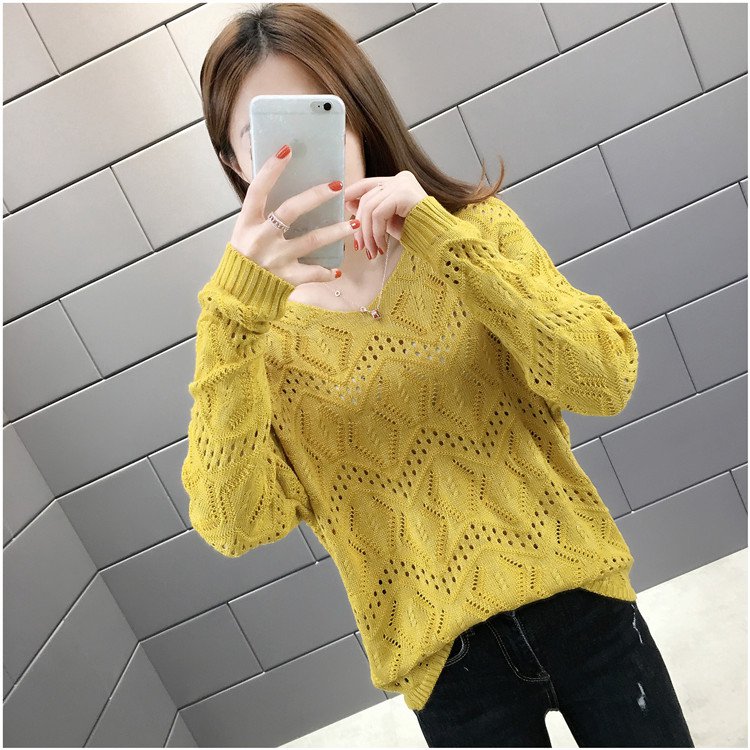 Yellow Batwing Sleeve Hollow Out Knitwear Women Sweater Jumper Winter Pullover Top