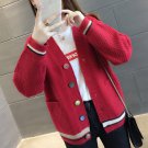 Women Red V-neck Cardigan Knitwear Sweater Jumper Button Up Pockets Winter