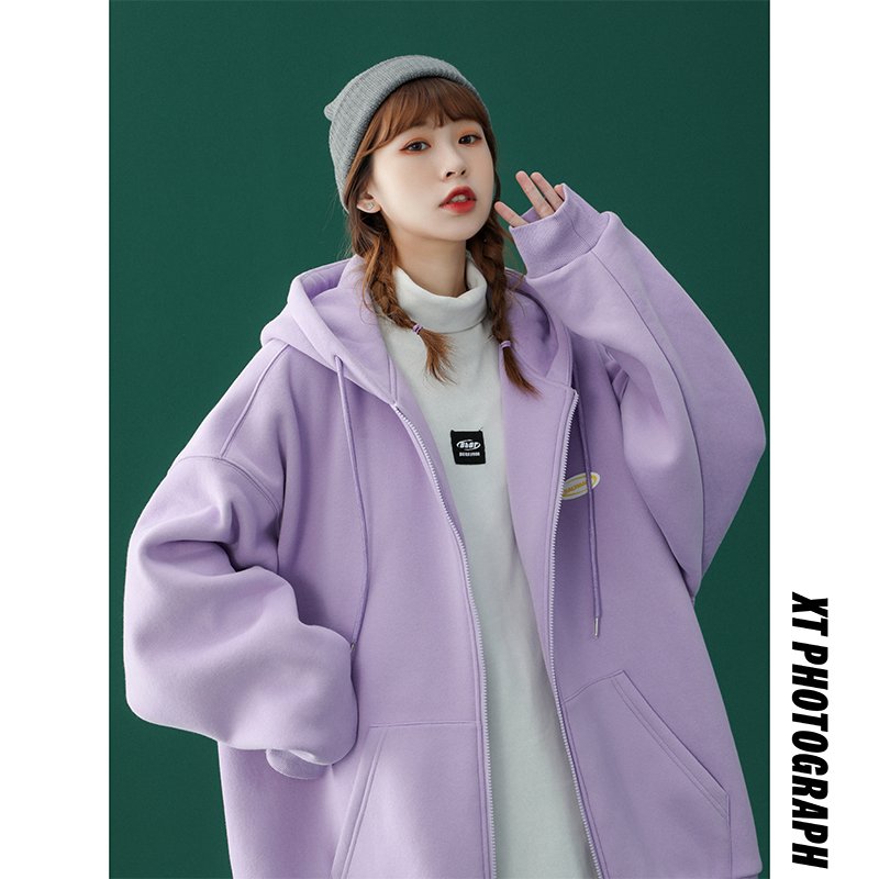 Athletic Women Hoodie Jacket Outwear Purple Plus Size Lady Girl Fashion Coat Zipper Kangaroo Pockets