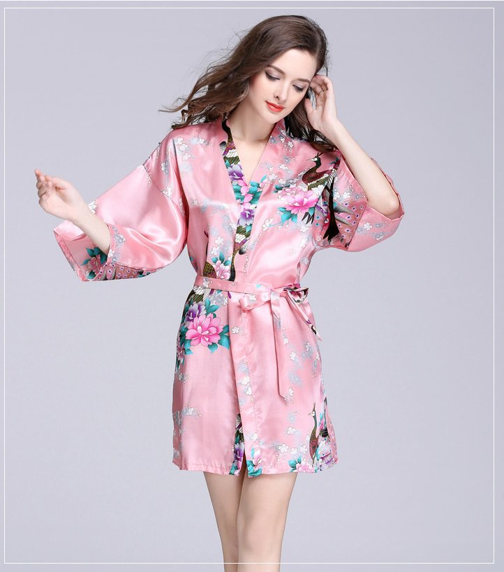 Women Peacock Flower Robe Nightdress Wrap Dress Sleepwear Sleep Dress V Neck with Belt Club Party