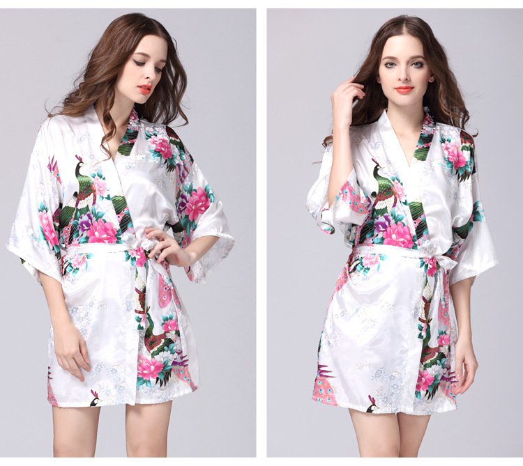 Women Wrap Dress Peacock Floral Party Dress Mini Dress V Neck Belted Nightwear Robe Sleep Dress