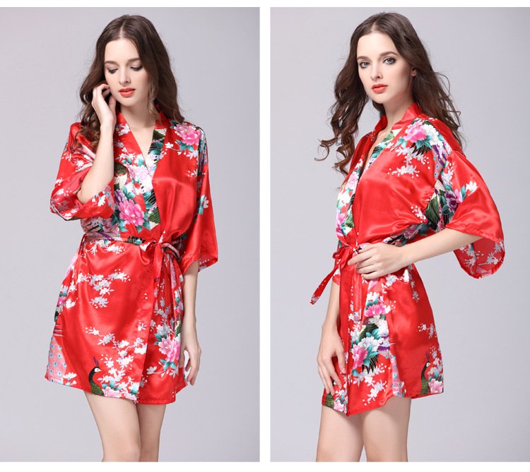 Red Women Peacock Floral Wrap Dress Cocktail Flower Belt Prom Party Dress Nightgown Sleepwear