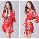 Red Women Peacock Floral Wrap Dress Cocktail Flower Belt Prom Party Dress Nightgown Sleepwear