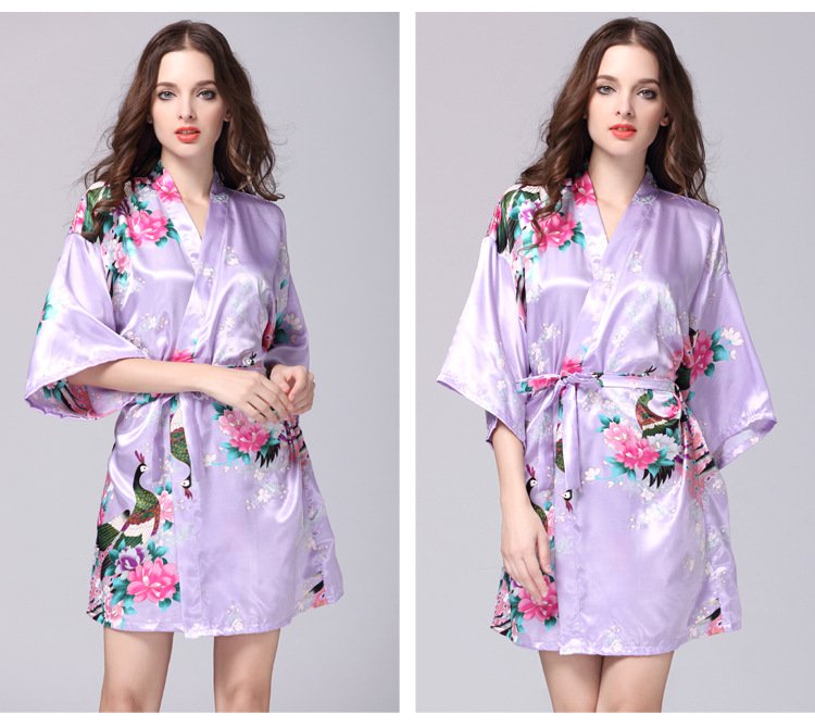 Purple Women Peacock Cocktail Mini Dress Flower V Neck Wrap Prom Party Dress Belt Nightdress Robe
