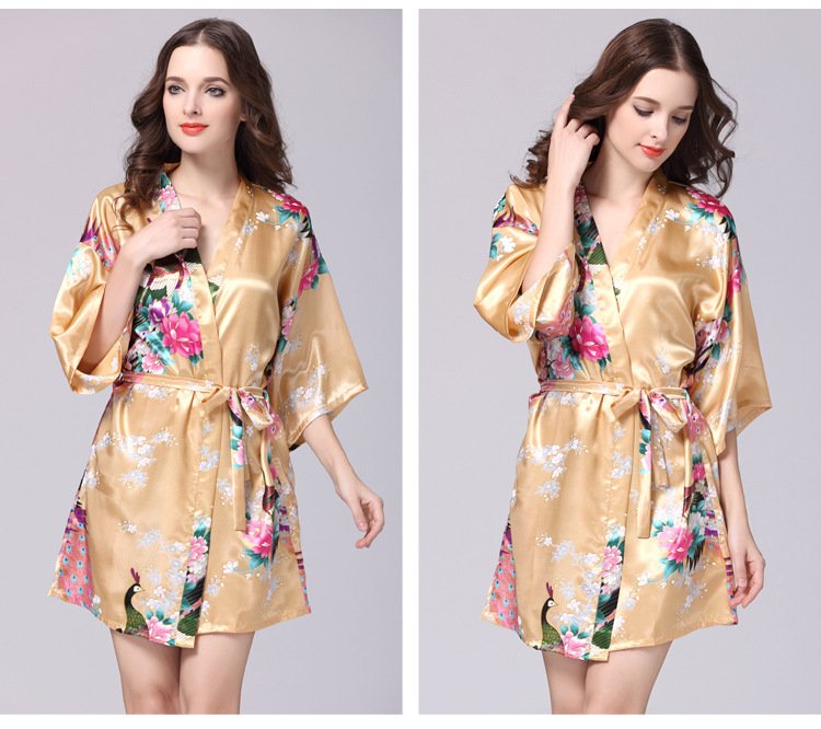 Champagne Women Peacock Cocktail Mini Dress Flower V Neck Simulated Silk Prom Party Dress Belt Robe