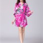Hot Pink Women Peacock Cocktail Mini Dress Flower V Neck Simulated Silk Prom Evening Dress Belt Robe