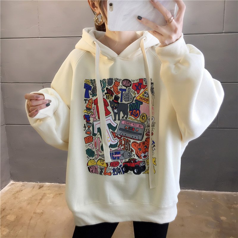 Women Cartoon Hoodie Hooded Jacket Fleece Oversized Outwear Coat Plus Size Drawstring Leisure Beige