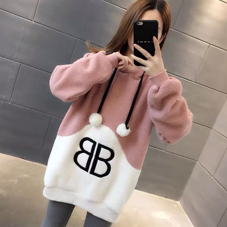 Women Pom Pom Color Block Hoodie Fleece Jaket Outwear Letter Coat Sweats Casual Drawstring