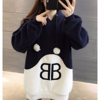 Women Pom Pom Color Block Hoodie Fleece Jaket Outwear Letter Coat Sweats Alphabets Blue