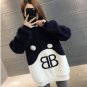 Women Pom Pom Color Block Hoodie Fleece Jaket Outwear Letter Coat Sweats Alphabets Blue