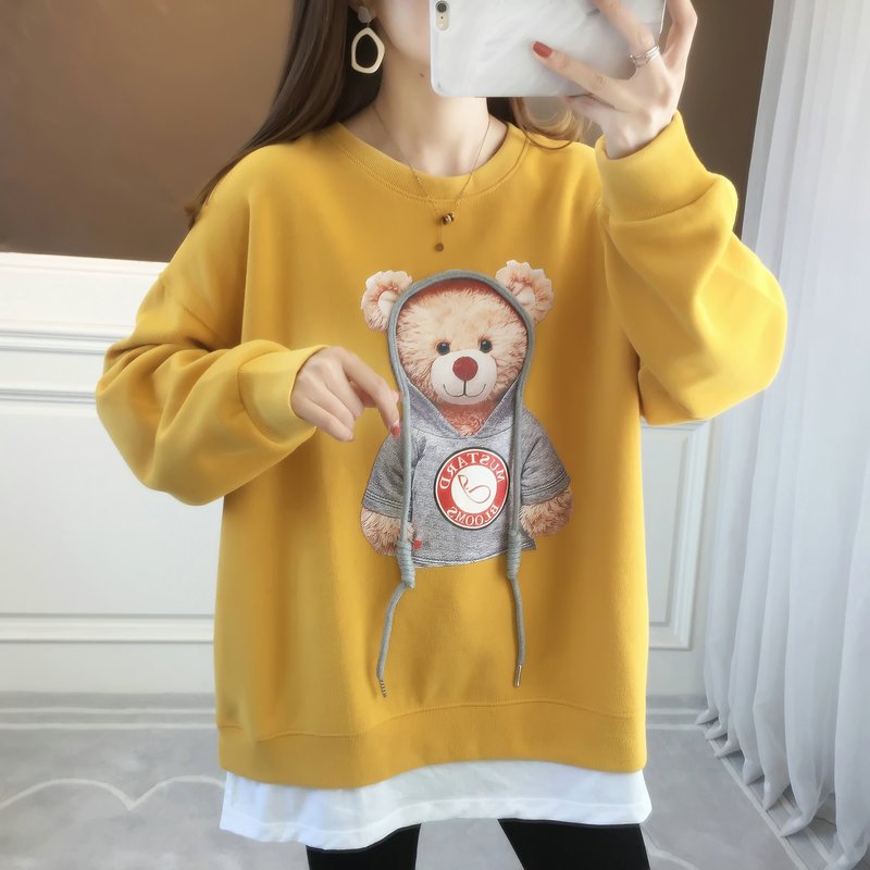 Cute Cartoon Bear Hoodie Women Faux Twinset Outwear Jacket Sweatshirt Coat Long Sleeve Yellow