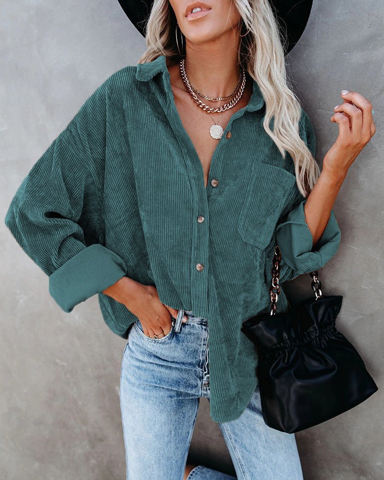 Women Button Down Shirt Corduroy Top Long Sleeve Blouse Oversized Loose Casual Pocket Shacket Jacket