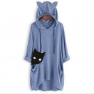 BLUE sweater women's loose fashion medium and long print long sleeve hooded sweater women's top M
