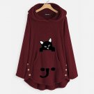 WINE RED large sweater women's loose medium and long print long sleeve hooded sweater women's top L