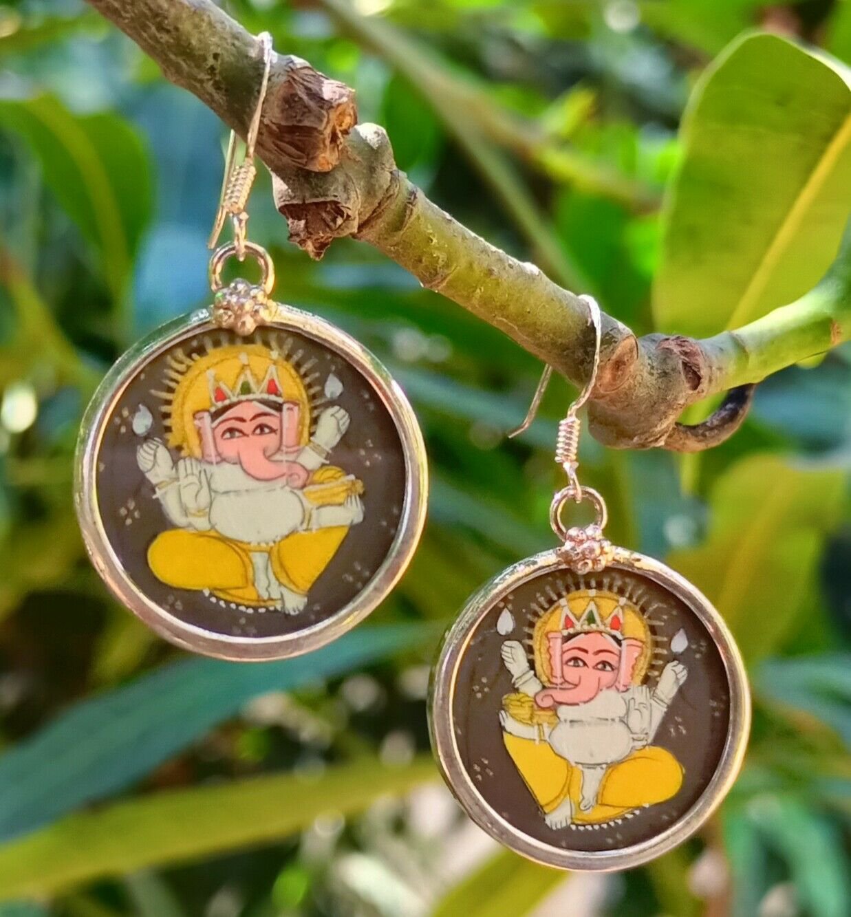 Handmade Hand Painted 925 Sterling Silver Miniature Ganesha Earrings 23X40mm #37