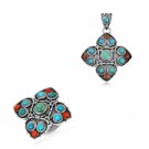 Hand Made Sterling Silver Natural Turquoise and Coral Jewelry Set/ FREE SHIP