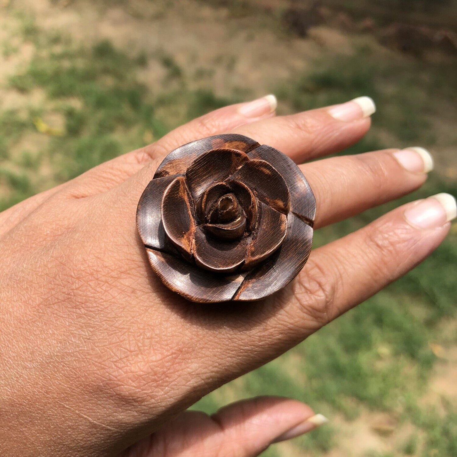 Kadamb Wood Rose Flower Carved Handmade Ring, 35 mm dia, US 8 Ring Size, D5