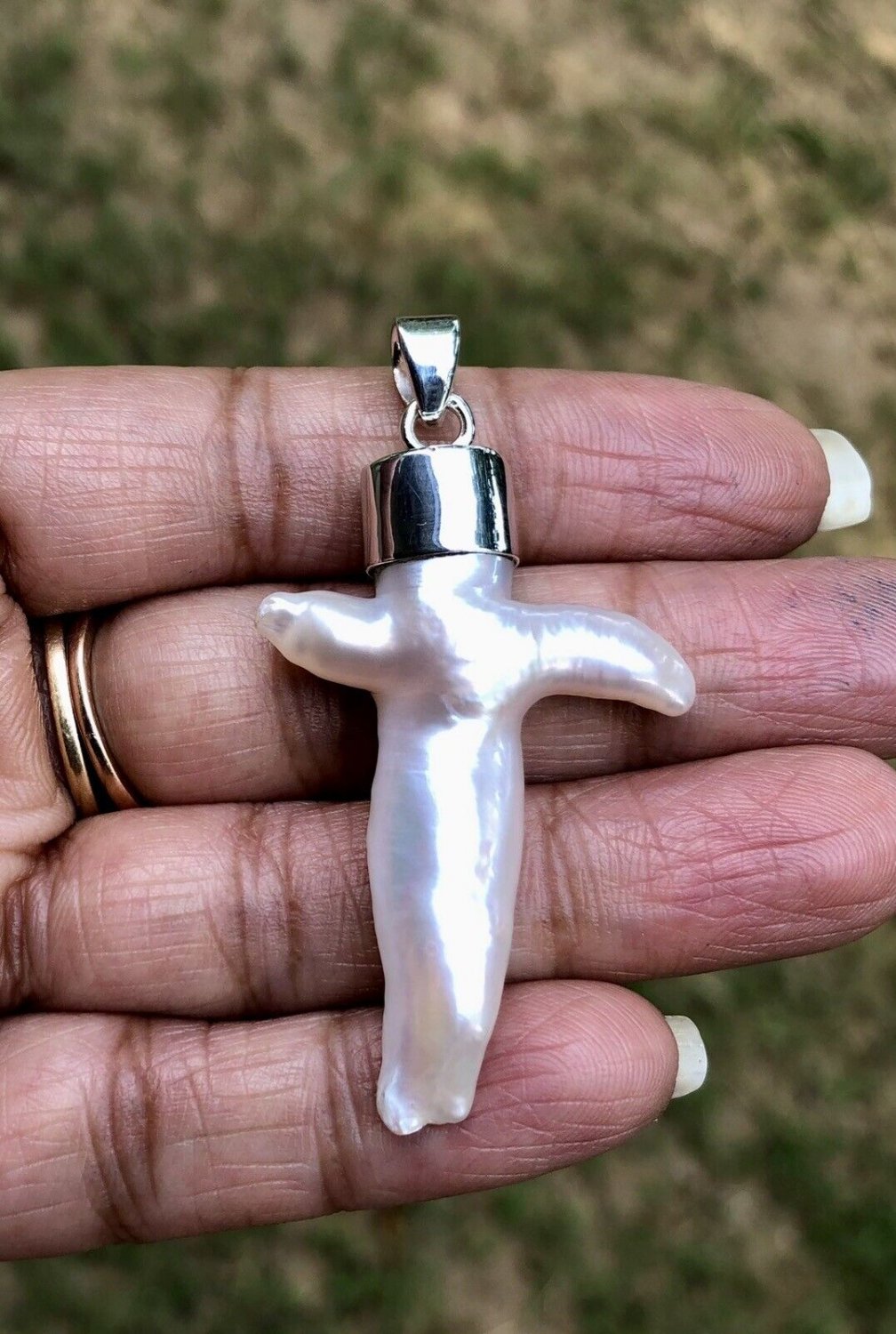 925 Sterling Silver and Pearl CROSS, High Polish, Handmade, 9.36 gram Free Ship