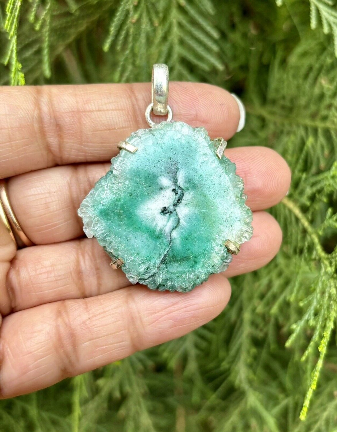 925 Sterling Silver Plated, Light Green Druzy Geode Agate Stone Pendant, 3