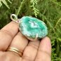 925 Sterling Silver Plated, Light Green Druzy Geode Agate Stone Pendant, 3